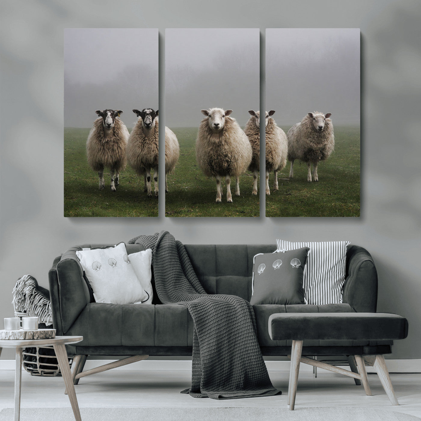 -Flock of Sheep in a Mystical Fog – Pastoral Wall Art Canvas Print, Framed, Ready to Hang