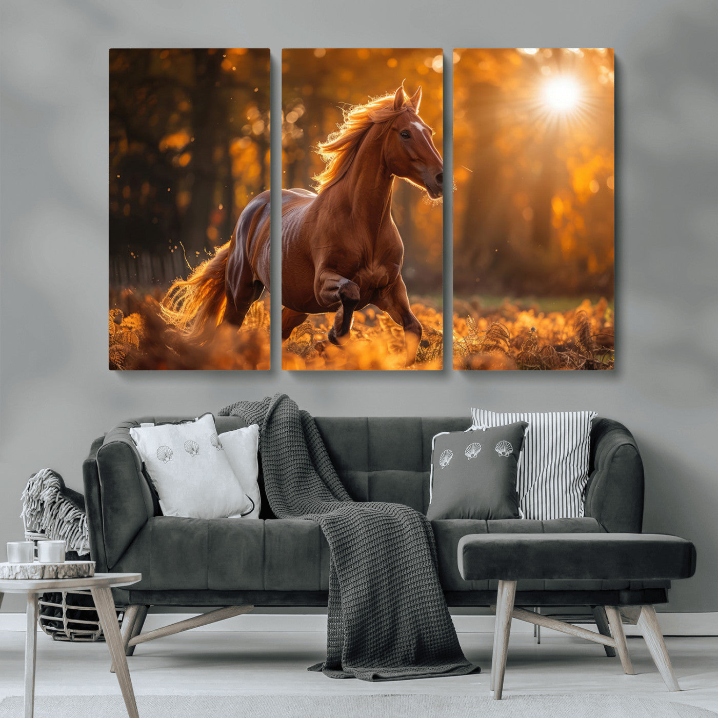 -Running Horse Sunset Forest Wall Art Canvas Print
