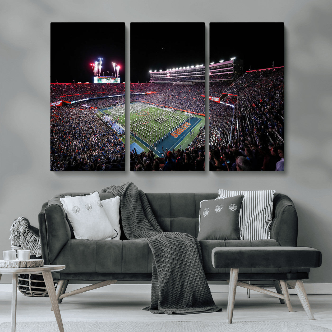 MGV-CV-48X32-3P - Ben Hill Griffin Stadium Night Game Triple Canvas Wall Art - Florida Gators Football Match