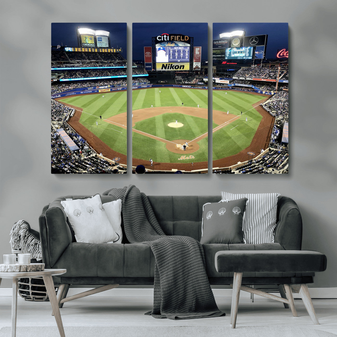 MGV-CV-48X32-3P - Citi Field Wall Art Print | 3-Panel New York Mets Baseball Stadium Canvas Print | Framed Sports Decor for Living Room, Man Cave, or Office Decor