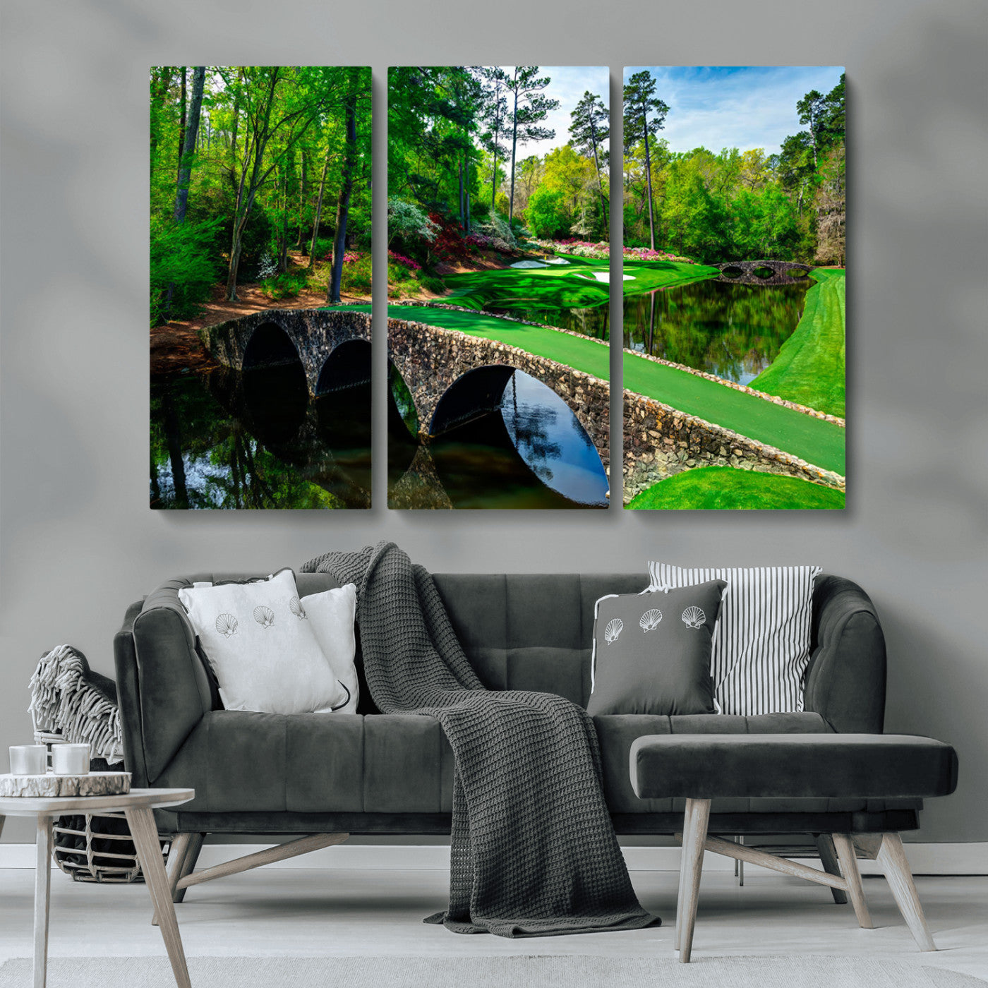MGV-CV-48X32-3P - Augusta National Golf Club Wall Art - Panoramic Bridge & Lush Greenery – Premium Framed, Ready-to-Hang Triptych Canvas