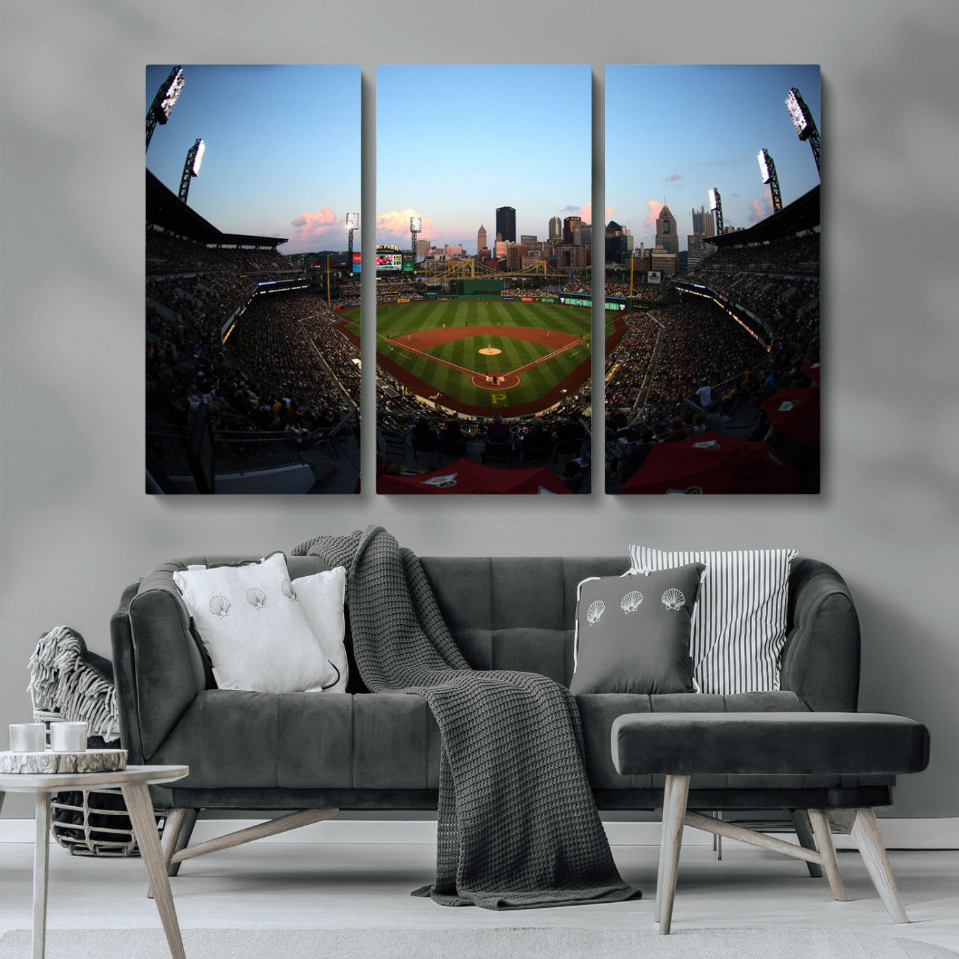 MGV-CV-48X32-3P - PNC Park Evening Game Triple Canvas Wall Art - Pittsburgh Pirates MLB Match - PNC Park Stadium Wall Art Canvas Print