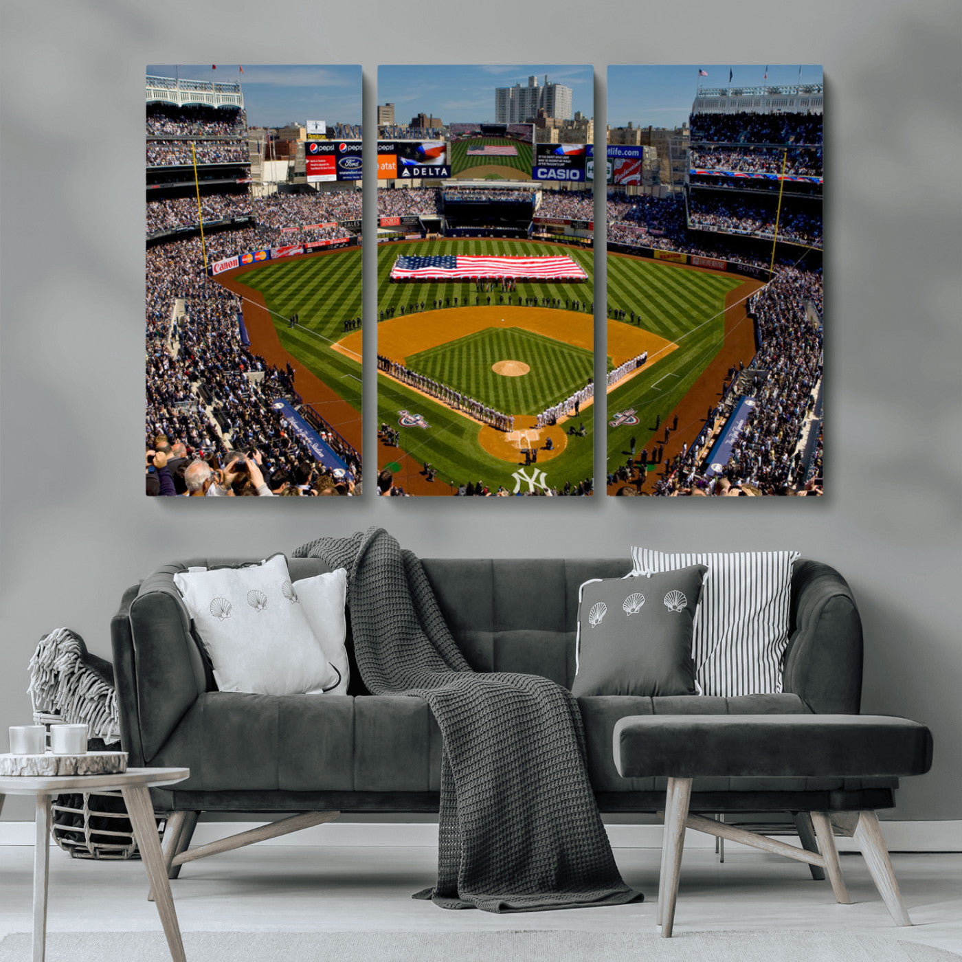 MGV-CV-48X32-3P - Yankee Stadium New York Wall Art Print | 3-Panel Canvas Print of Yankees Baseball Stadium | Large Framed Wall Decor for Baseball Fans | Ready-to-Hang