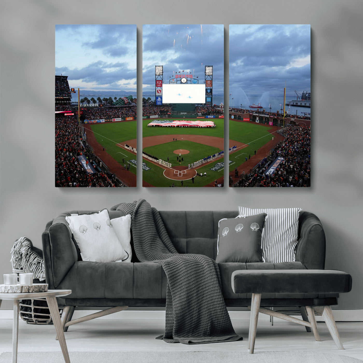 MGV-CV-48X32-3P - Oracle Park San Francisco Giants Wall Art | 3-Panel Canvas Print of Oracle Park Stadium | Large Framed Baseball Wall Decor | Ready-to-Hang MLB Canvas Print