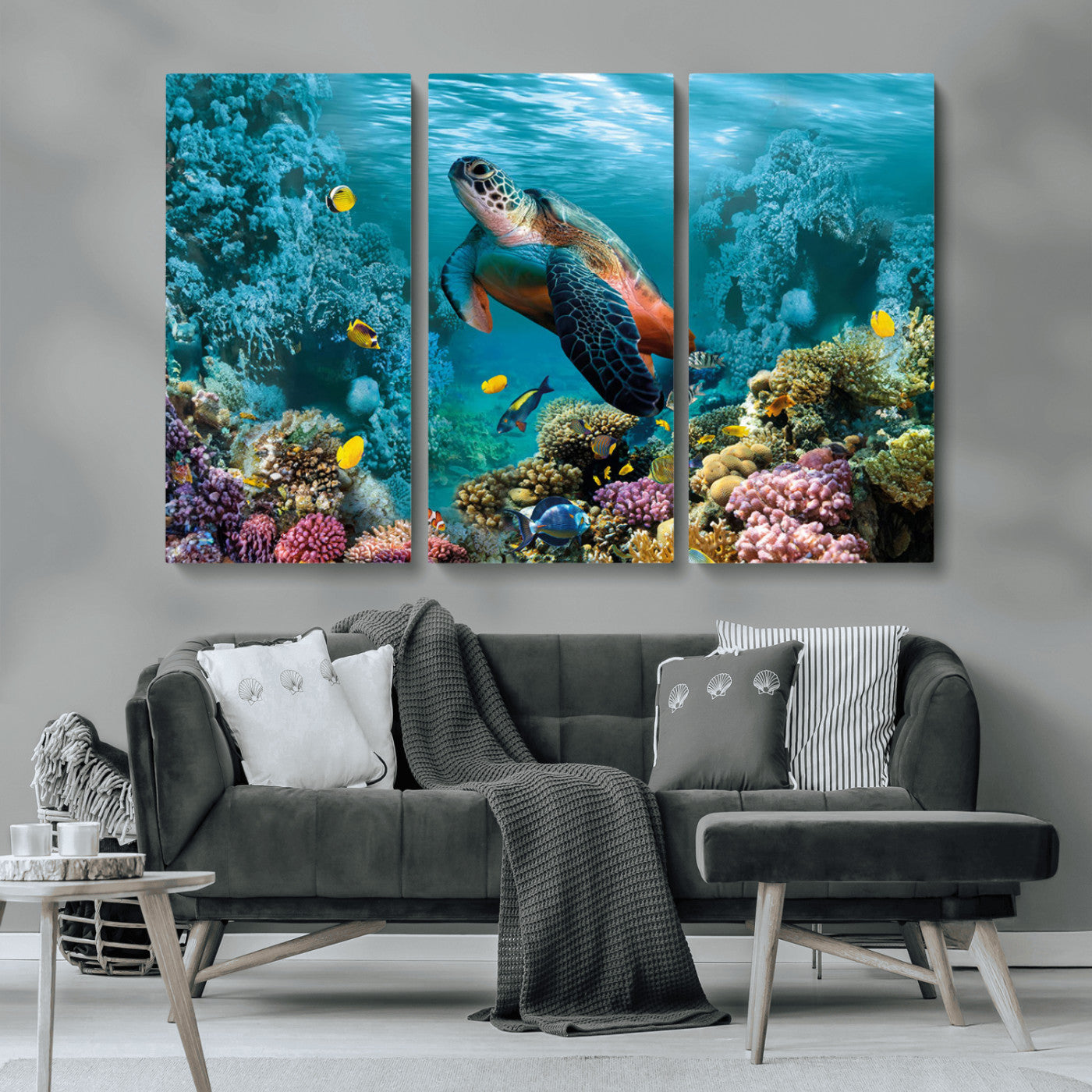 MGV-CV-48X32-3P - Sea Turtle and Coral Reef Triptych Wall Art – Vibrant Underwater Scene Canvas Set for Ocean Lovers and Coastal Decor – Ready to Hang 3-Panel Artwork