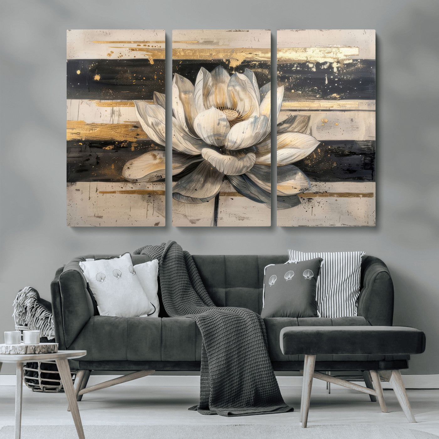 MGV-CV-48X32-3P - Abstract Lotus Flower Wall Art Canvas Print, Meditation Yoga Room Wall Art