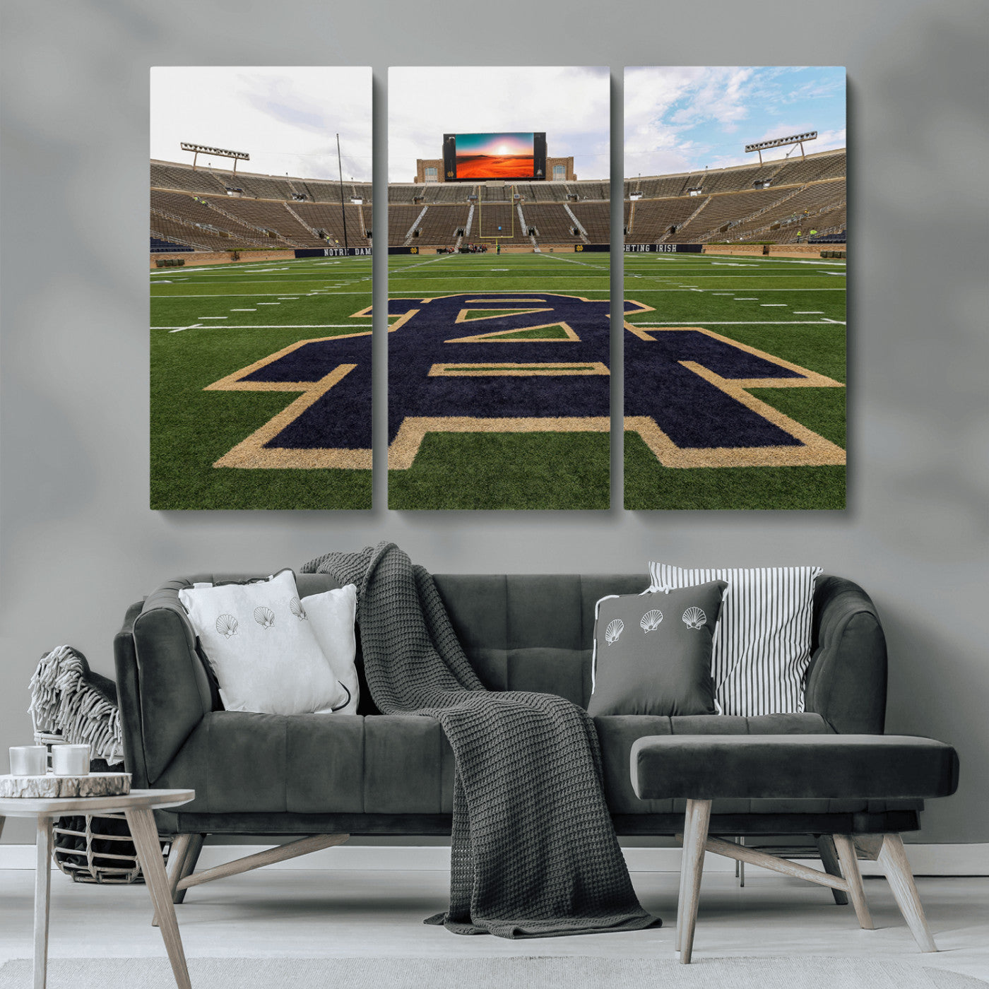 MGV-CV-48X32-3P - Notre Dame Stadium Giclee Canvas Print | Triptych Wall Art Featuring Iconic Notre Dame Football Field | Ready-to-Hang Sports Stadium Decor