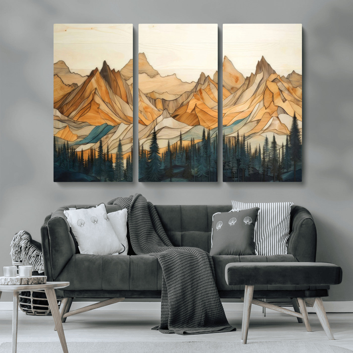 -Rustic Wood Mountain Wall Art Print | Triptych Giclee Print Featuring Handcrafted Forest and