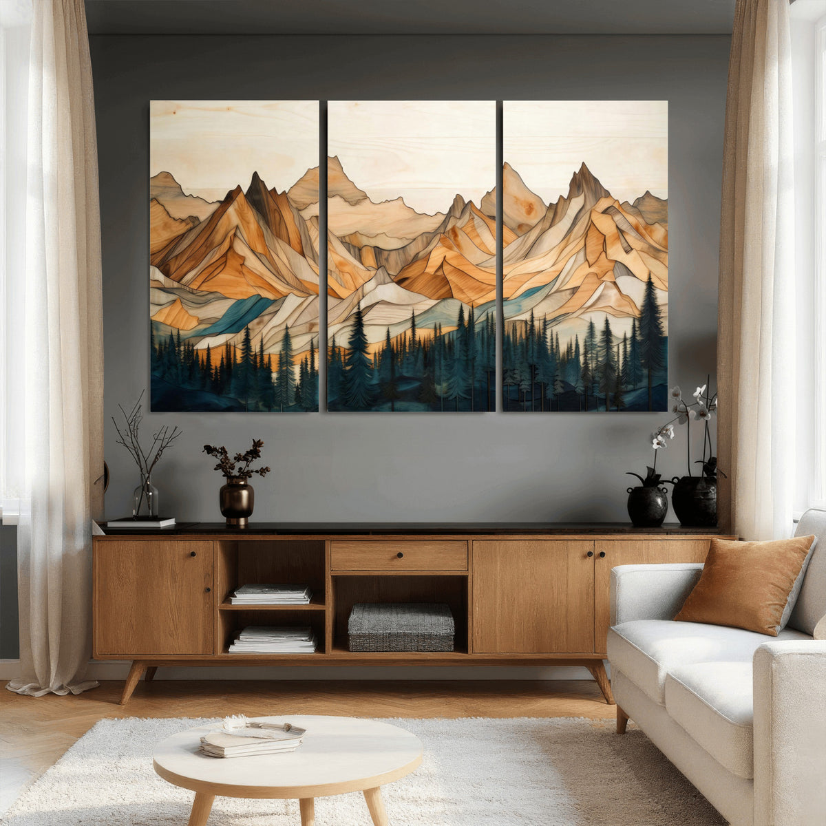 31576-PAN-FL-20X10 - Rustic Wood Mountain Wall Art Print | Triptych Giclee Print Featuring Handcrafted Forest and