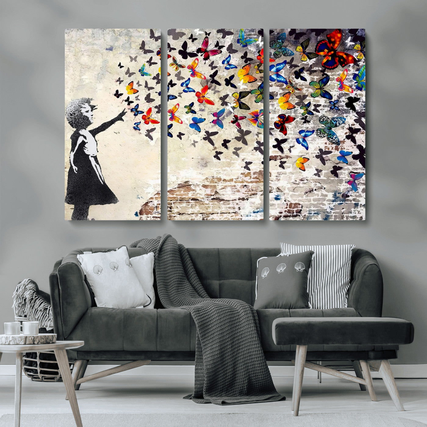 MGV-CV-48X32-3P - Banksy Graffiti Wall Art Canvas Print: Girl Releasing Vibrant Butterflies – Ready to Hang