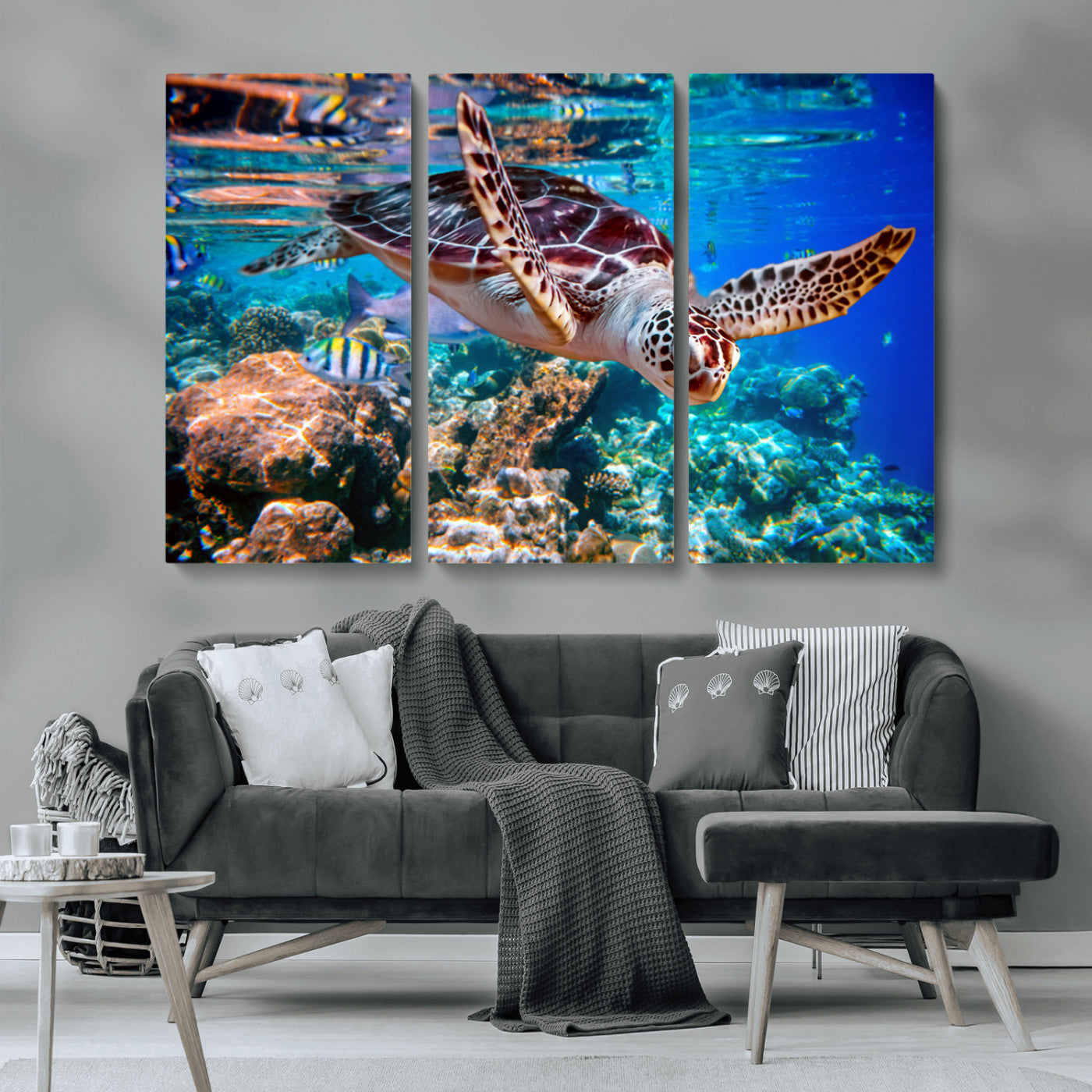 MGV-CV-48X32-3P - Underwater Coral Reef Sea Turtle Wall Art Canvas Print, Vibrant Marine Life | Colorful Ocean Scene