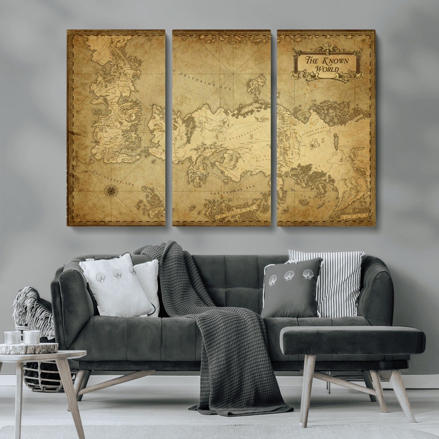 MGV-CV-48X32-3P - Vintage Game of Thrones Map Wall Art | Westeros and Essos Antique Style Print | The Known World in Triptych Canvas | Giclee Canvas for Fantasy Lovers
