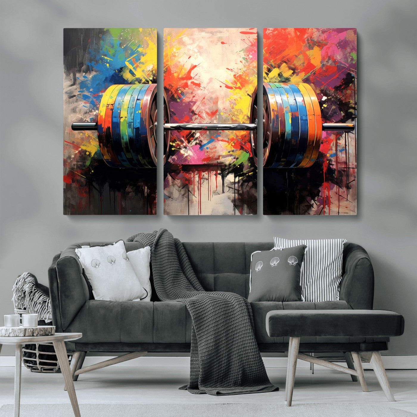 MGV-CV-48X32-3P - Weightlifting Barbell Art Triptych, Bold Abstract Fitness Wall Decor for Gym or Home, Giclee Canvas Print