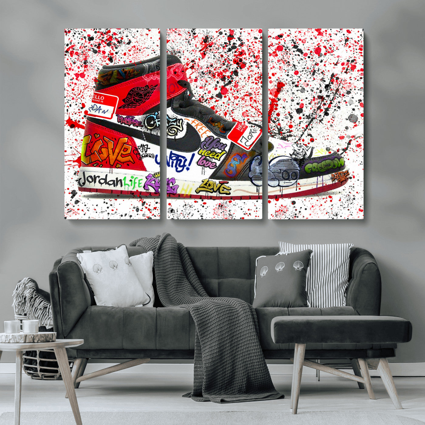 MGV-CV-48X32-3P - Jordan Shoes Graffiti Wall Art Canvas Print- Jordan Graffiti Canvas Wall Art - Framed Perfect for Sneaker heads and Urban Art Lovers