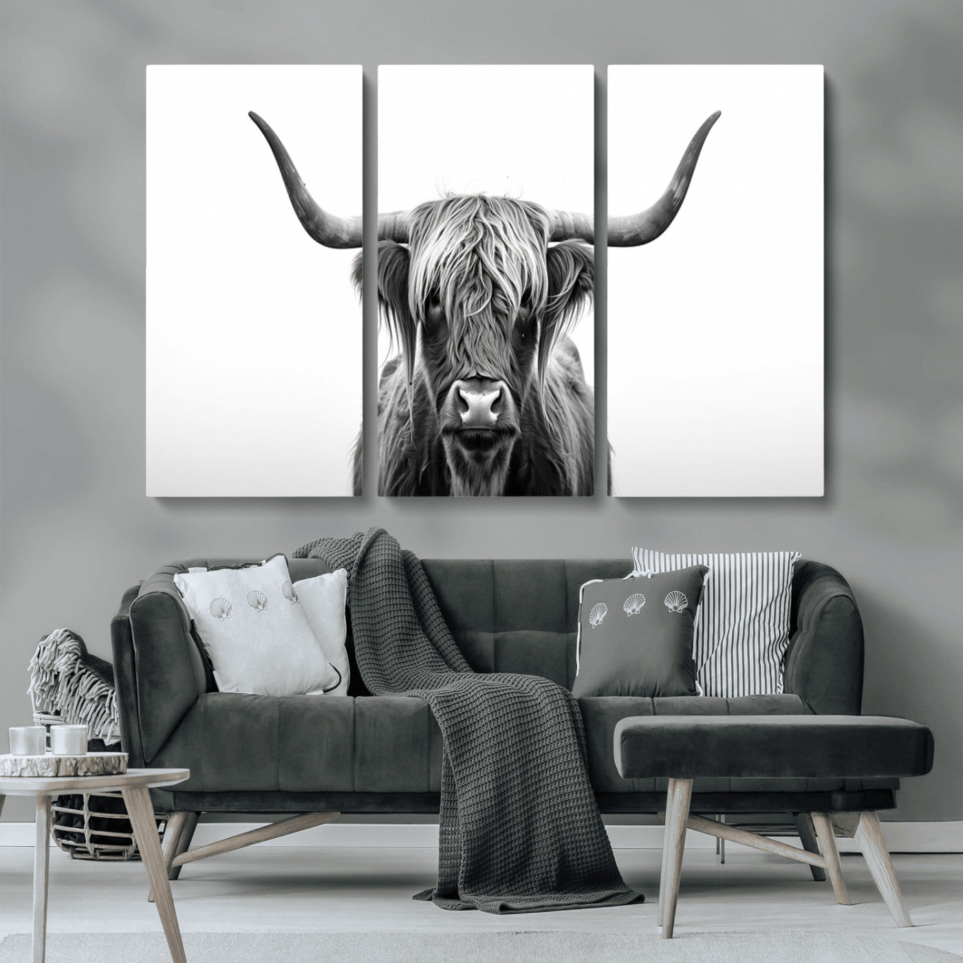 MGV-CV-48X32-3P - Highland Wall Art Canvas Print – Minimalist Black and White Farmhouse Décor, Ready to Hang