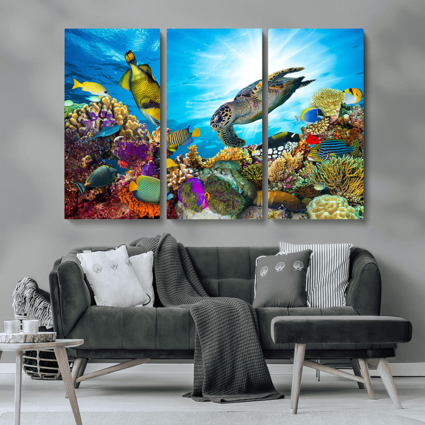 -Colorful Coral Reef and Sea Life Turtle Canvas Print, Underwater Tropical Ocean Wall Art for Home