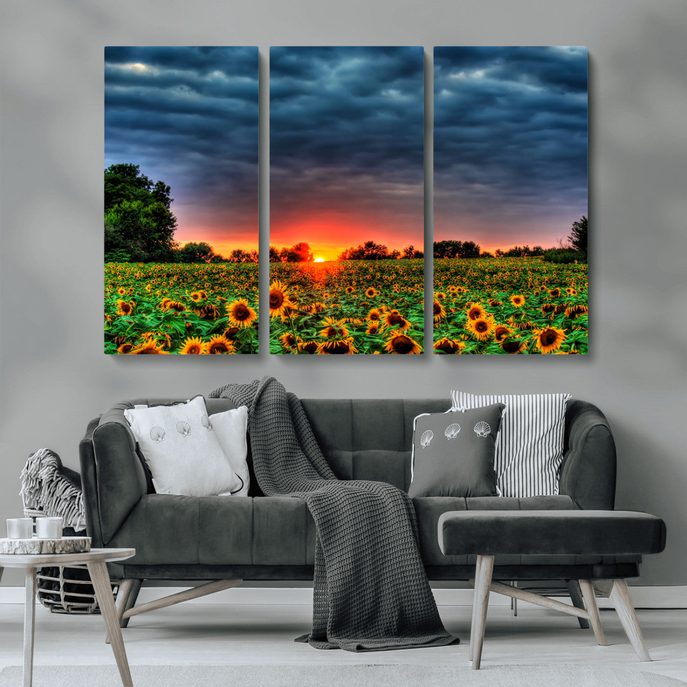MGV-CV-48X32-3P - Golden Sunflower Field at Sunset – Breathtaking Sky and Vibrant Flowers, Ready to Hang Wall Art