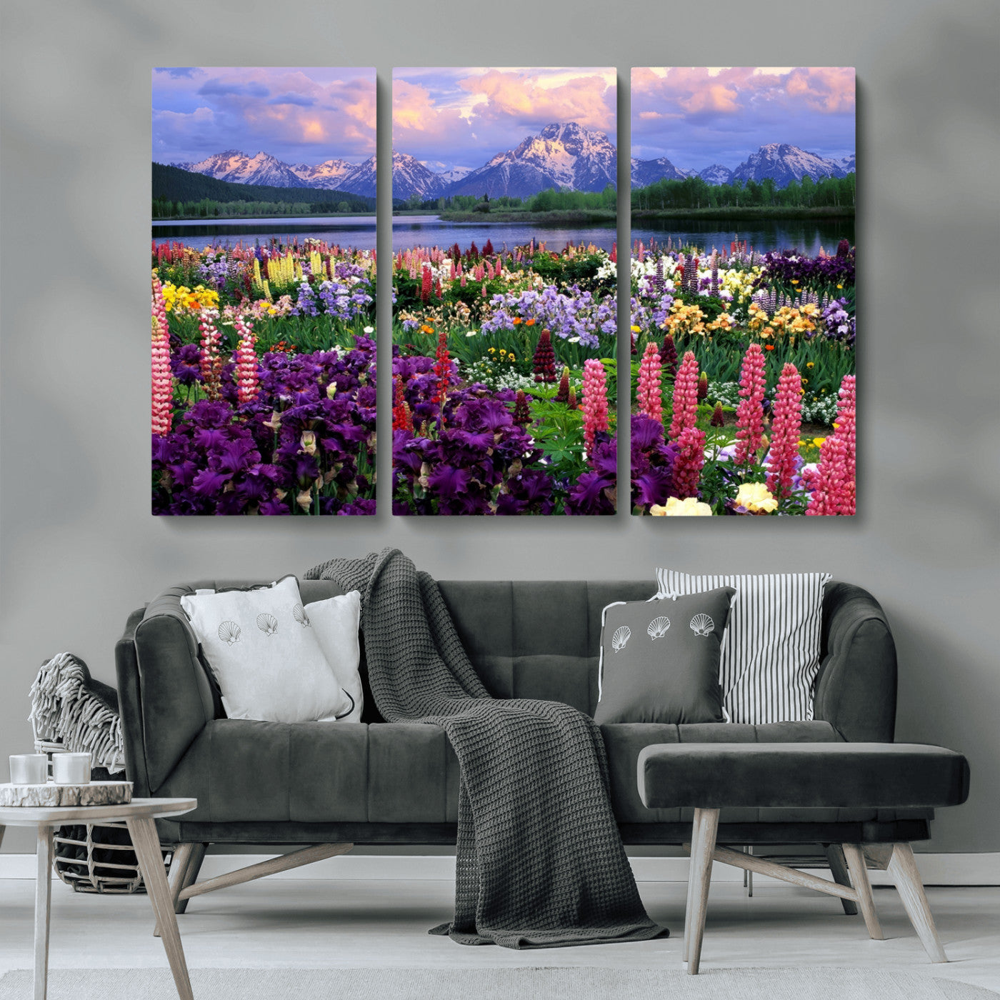 MGV-CV-48X32-3P - Vibrant Wildflower Garden and Mountain View Giclee Canvas Print | Floral Wall Art for Living Room