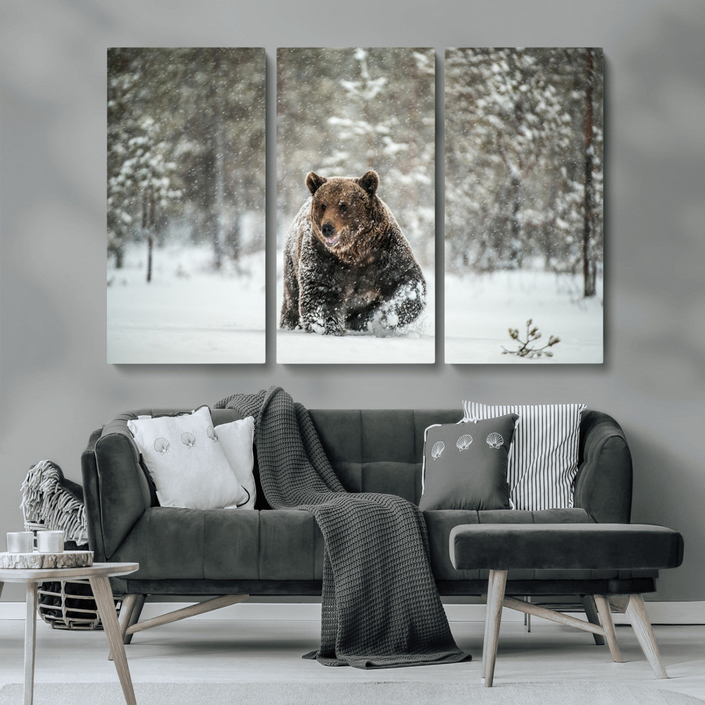 MGV-CV-48X32-3P - Wall Art Canvas Print – Grizzly Bear in Snowy Forest Powerful Presence Snowy Wilderness Wild Beauty