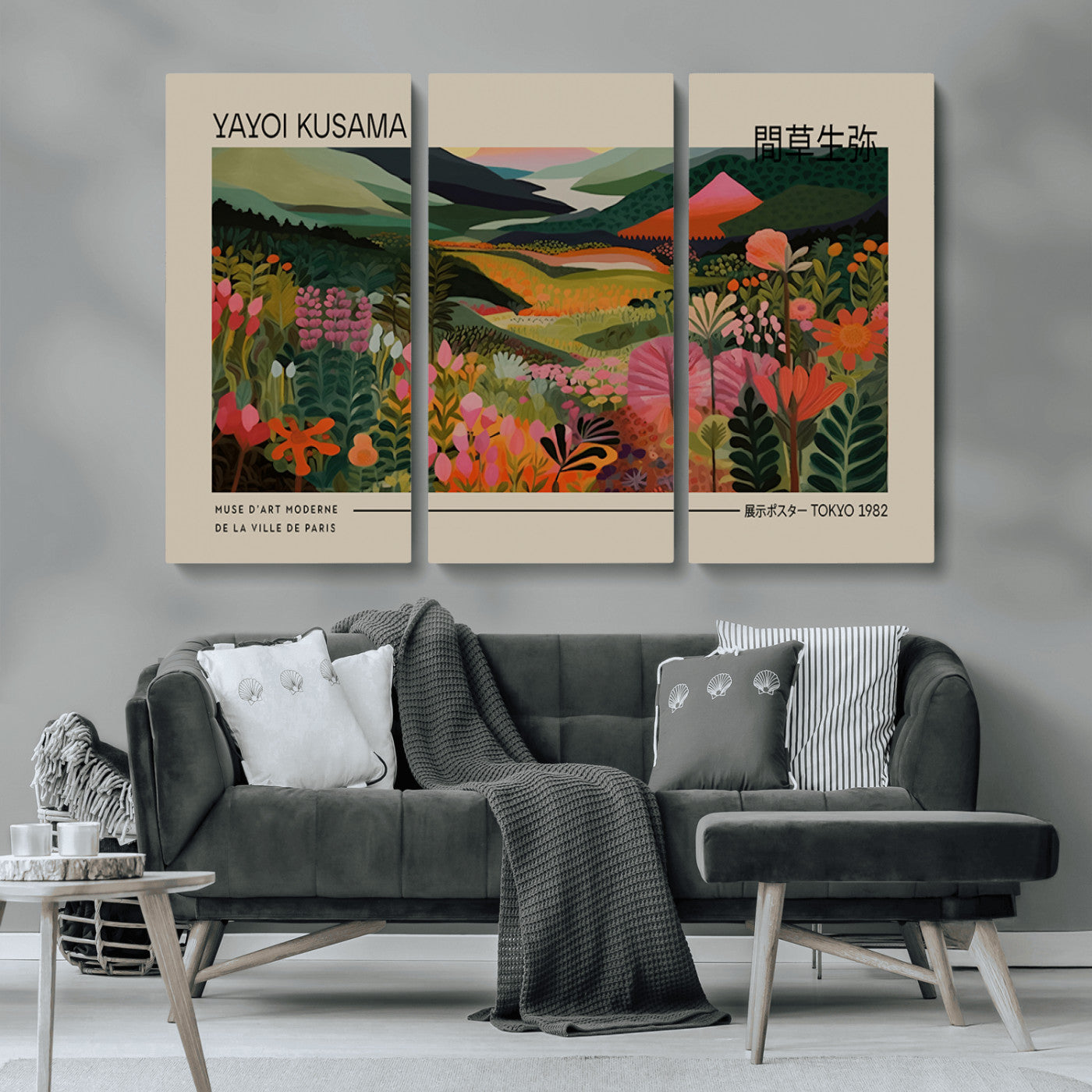 MGV-CV-48X32-3P - Yayoi Kusama Landscape Canvas Print, Vibrant Floral Mountain Art Print, Botanical Flower Nature