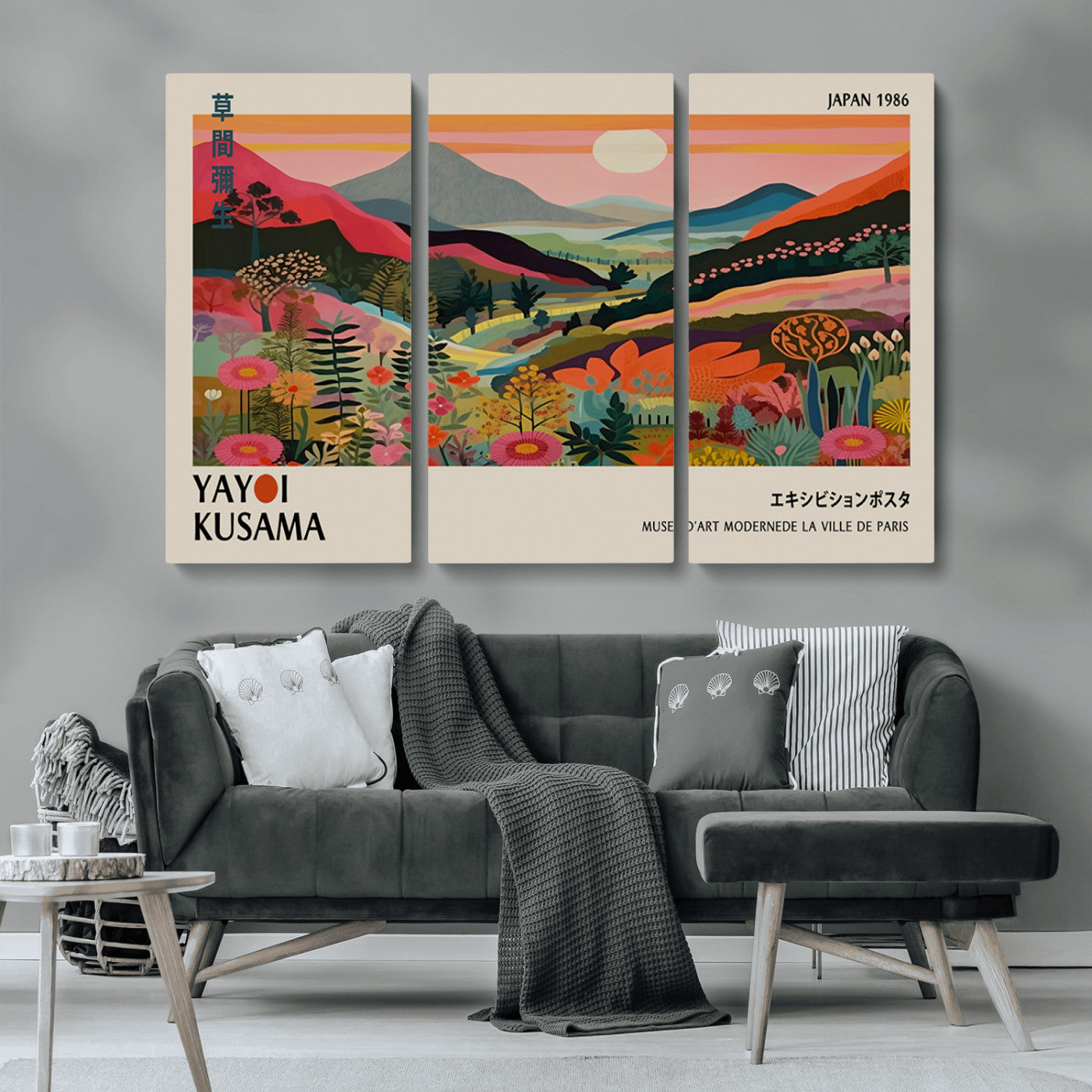 MGV-CV-48X32-3P - Yayoi Kusama Landscape Canvas Print, Vibrant Floral Mountain Art Print, Botanical Flower Nature