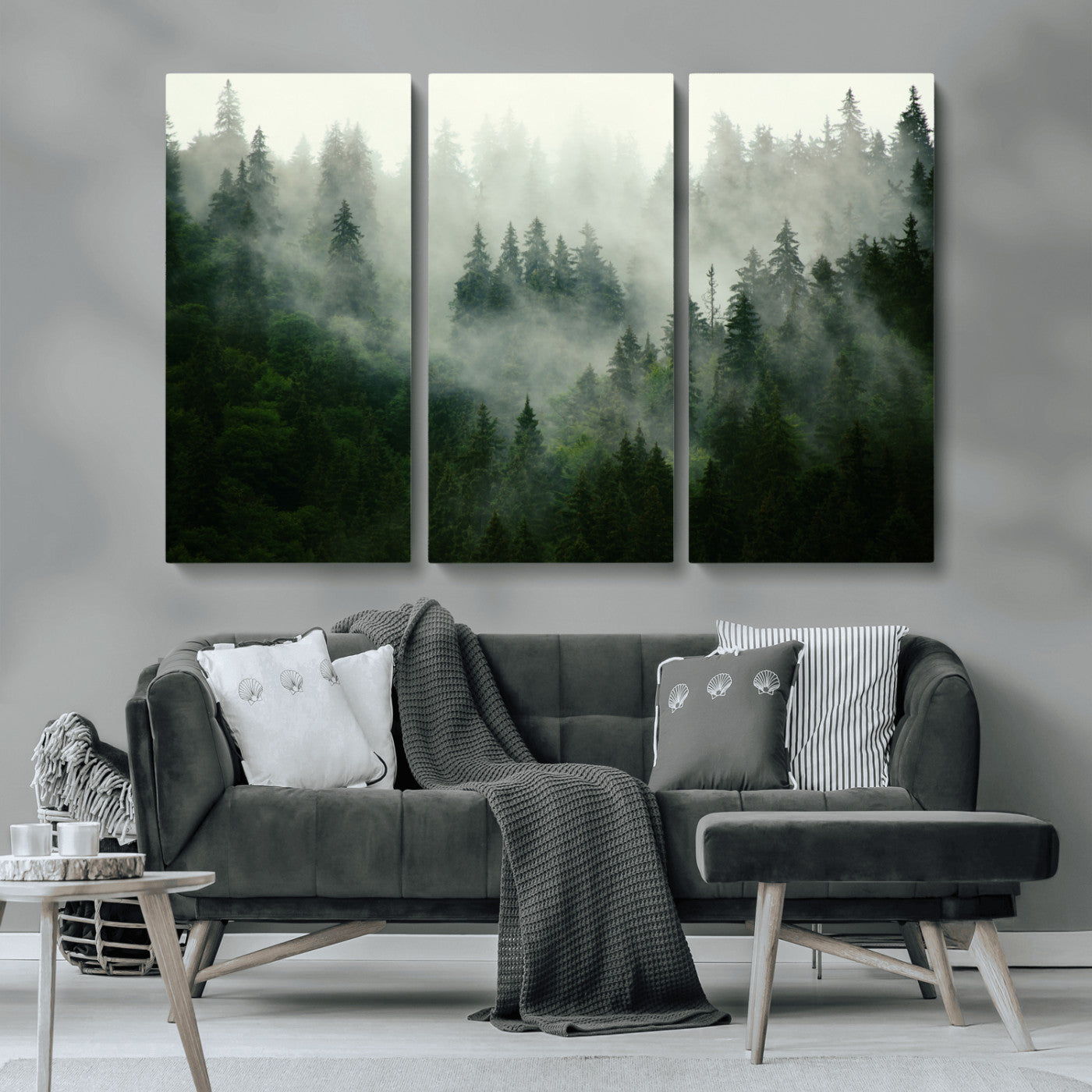 MGV-CV-48X32-3P - Misty Forest Wall Art Canvas Print - Foggy Forest Landscape Canvas Wall Art – Serene Triptych Nature