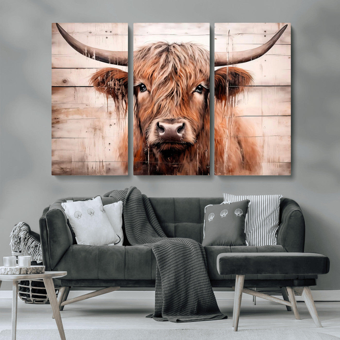 MGV-CV-48X32-3P - Vintage Scottish Highland Cow Cattle Art Print Farmhouse Wall Art Canvas Print