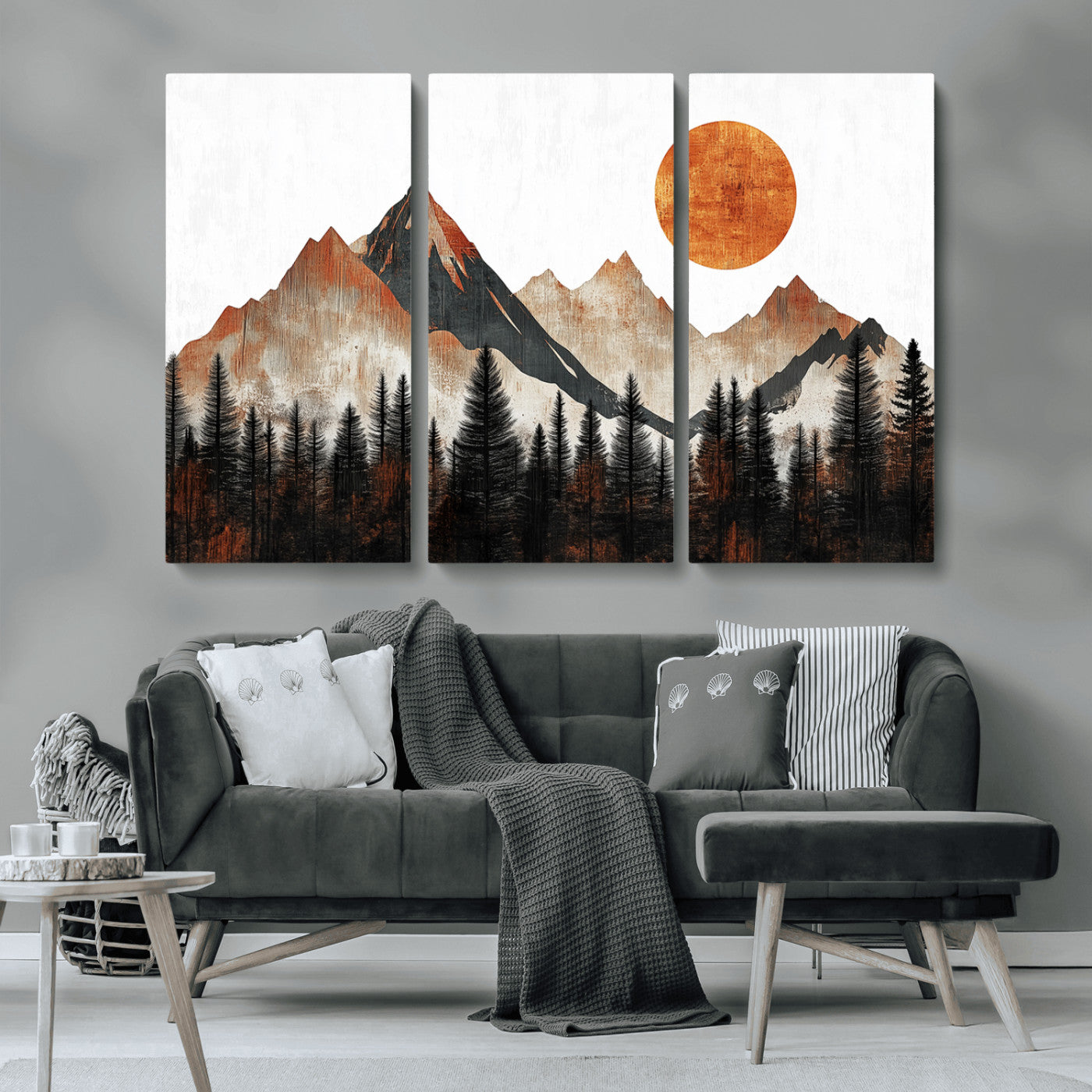 MGV-CV-48X32-3P - Modern Abstract Mountain Canvas Wall Art Print, Abstract Landscape Print, Rustic Sun and Mountains