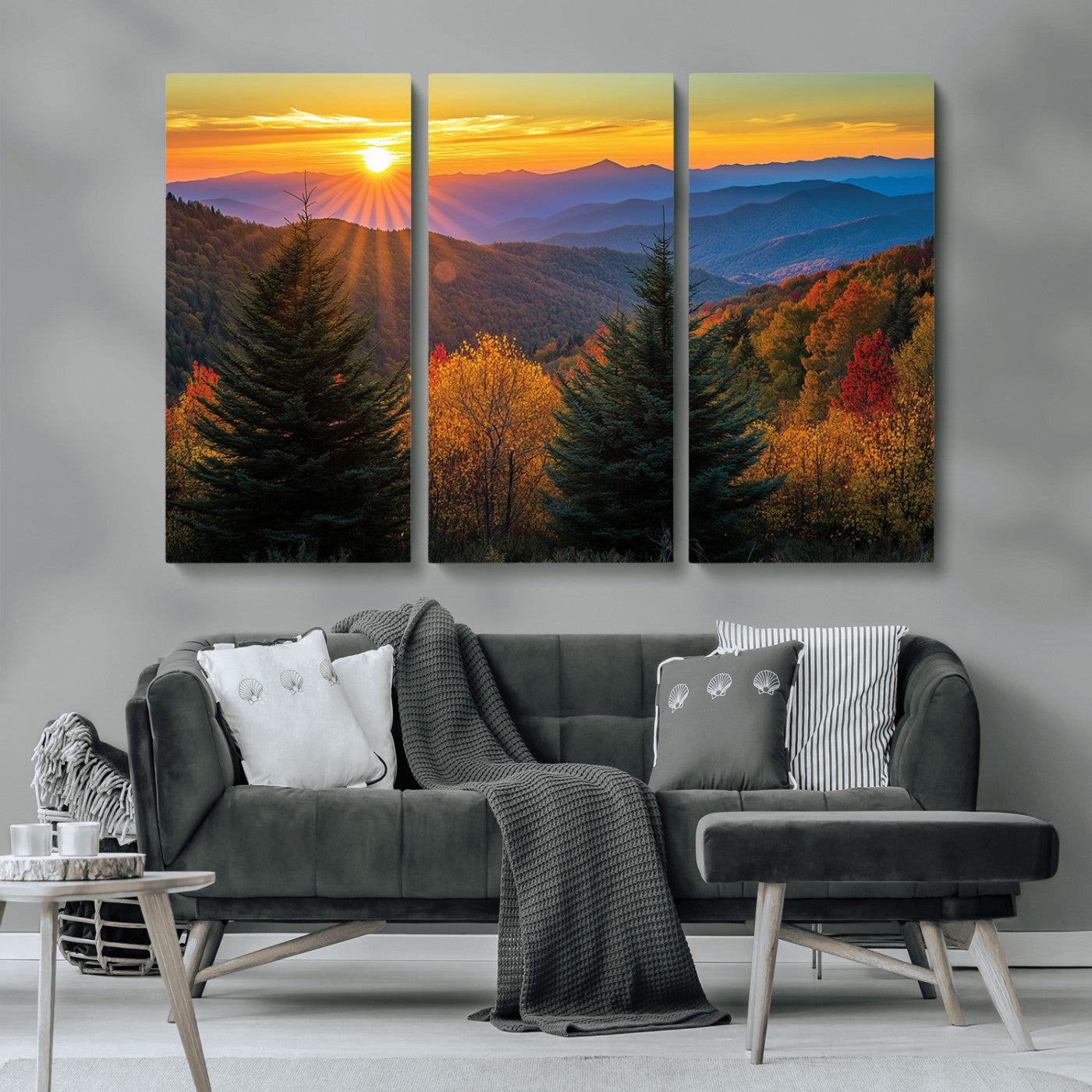 MGV-CV-48X32-3P - Golden Sunset Over Mountain Forest Canvas Wall Art Print - Warm Nature-Inspired Landscape for Living