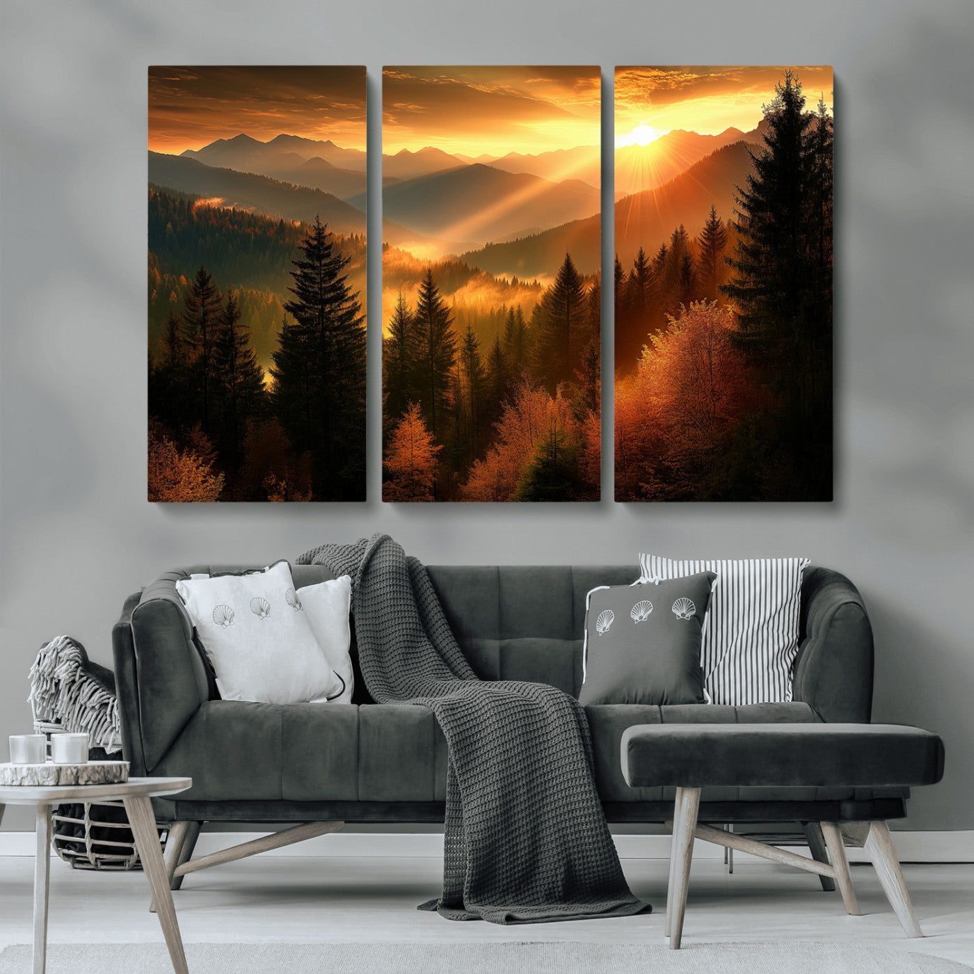 MGV-CV-48X32-3P - Golden Sunset Over Mountain Forest Canvas Wall Art Print - Warm Nature Landscape Print
