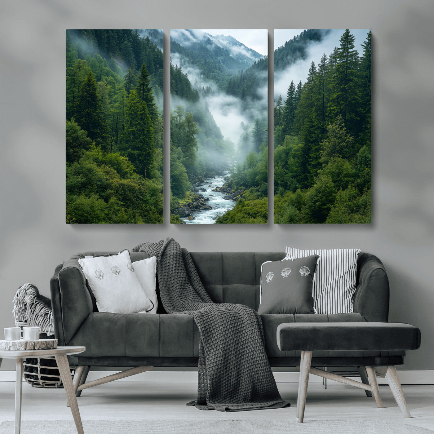 MGV-CV-48X32-3P - Mountain Forest River Canvas Wall Art Print - Serene Nature Landscape for Living Room, Office, or