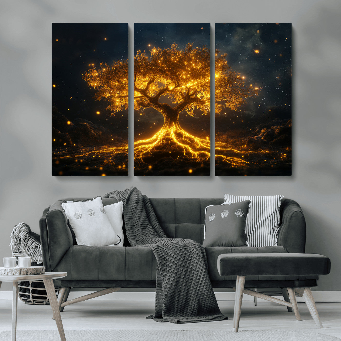 MGV-CV-48X32-3P - Golden Tree of Life Canvas Wall Art Print - Majestic Glowing Tree Design for Living Room, Office, or