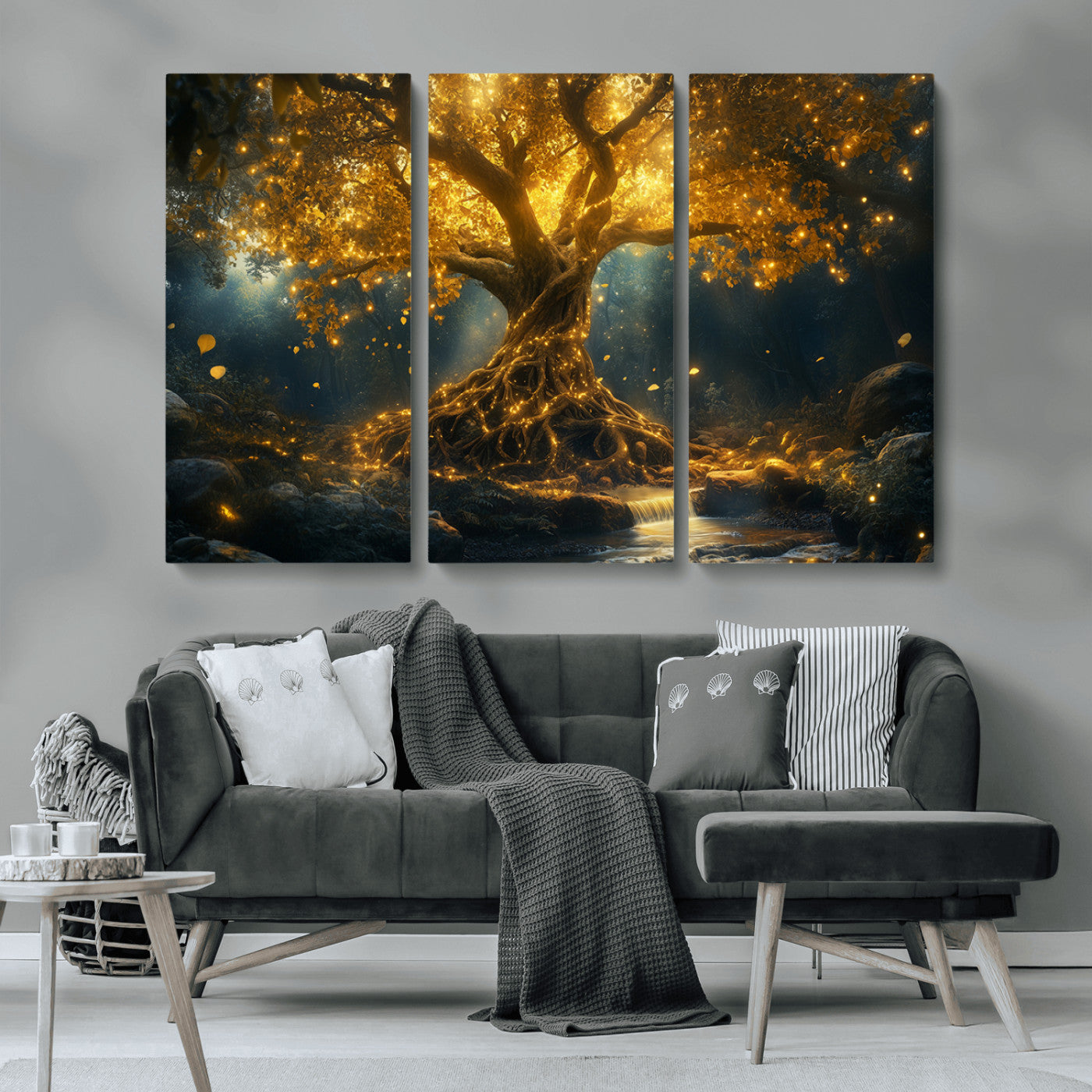 MGV-CV-48X32-3P - Golden Tree of Life Canvas Wall Art Print - Majestic Glowing Tree Wall Art Print