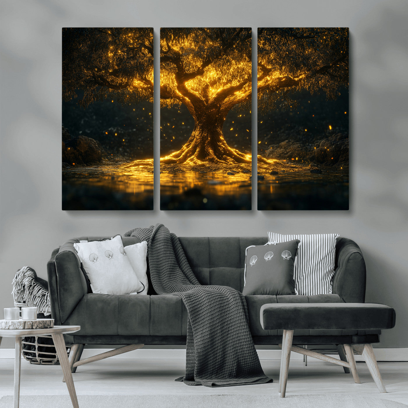 MGV-CV-48X32-3P - Golden Tree of Life Canvas Wall Art Print - Majestic Glowing Tree Wall Art Print