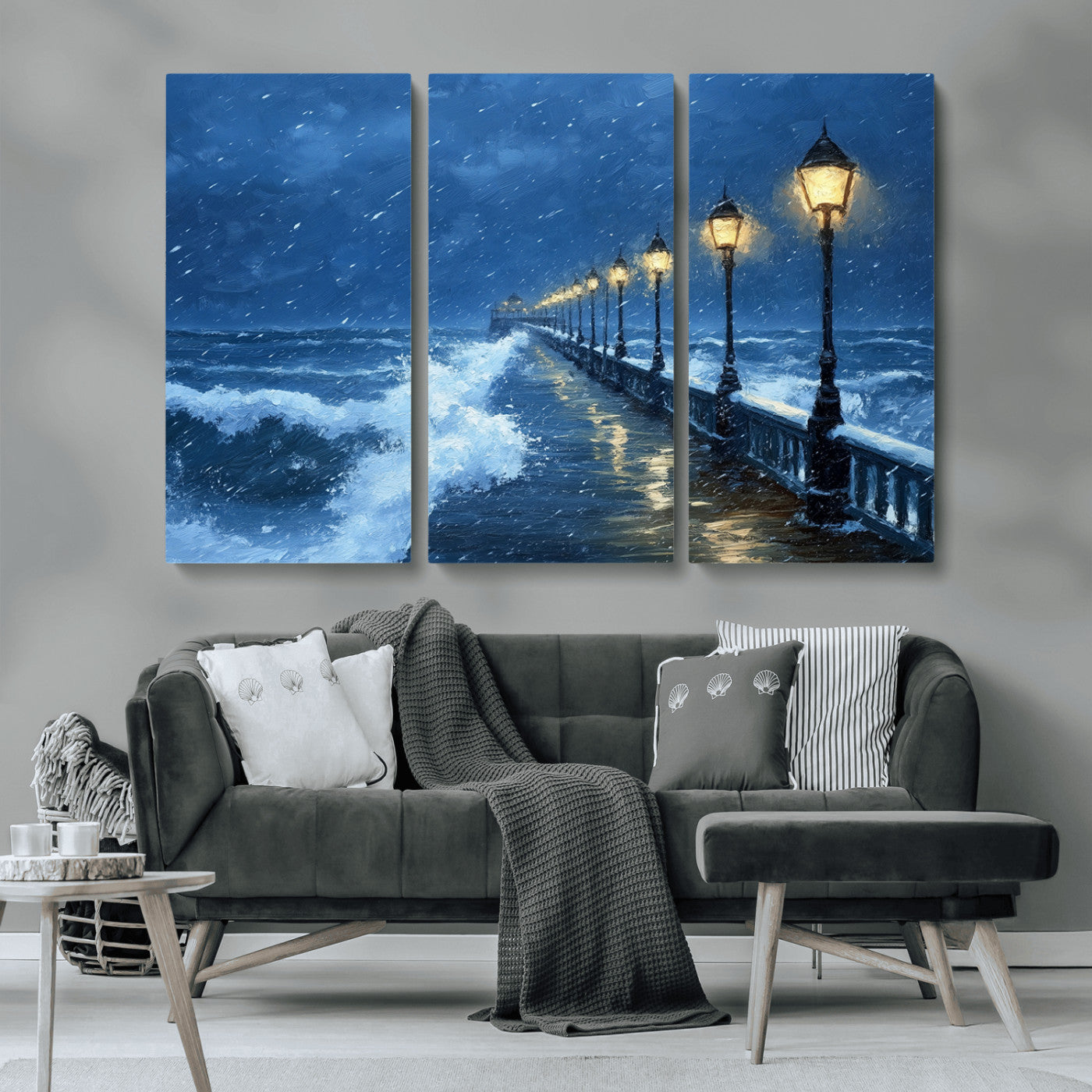 MGV-CV-48X32-3P - Stormy Ocean Pier Lights Canvas Wall Art Print - Large Moody Night Scene for Living Room, or Office,