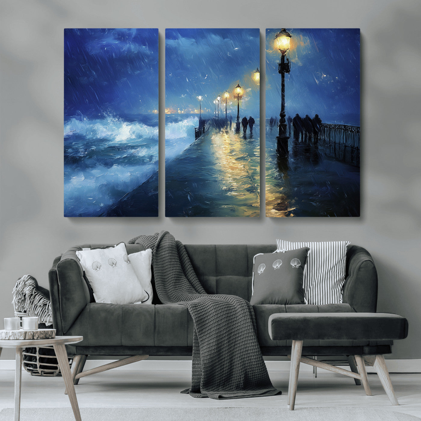 MGV-CV-48X32-3P - Abstract Stormy Ocean Pier Canvas Wall Art Print | Stormy Ocean Art | Large Moody Night Scene Print,