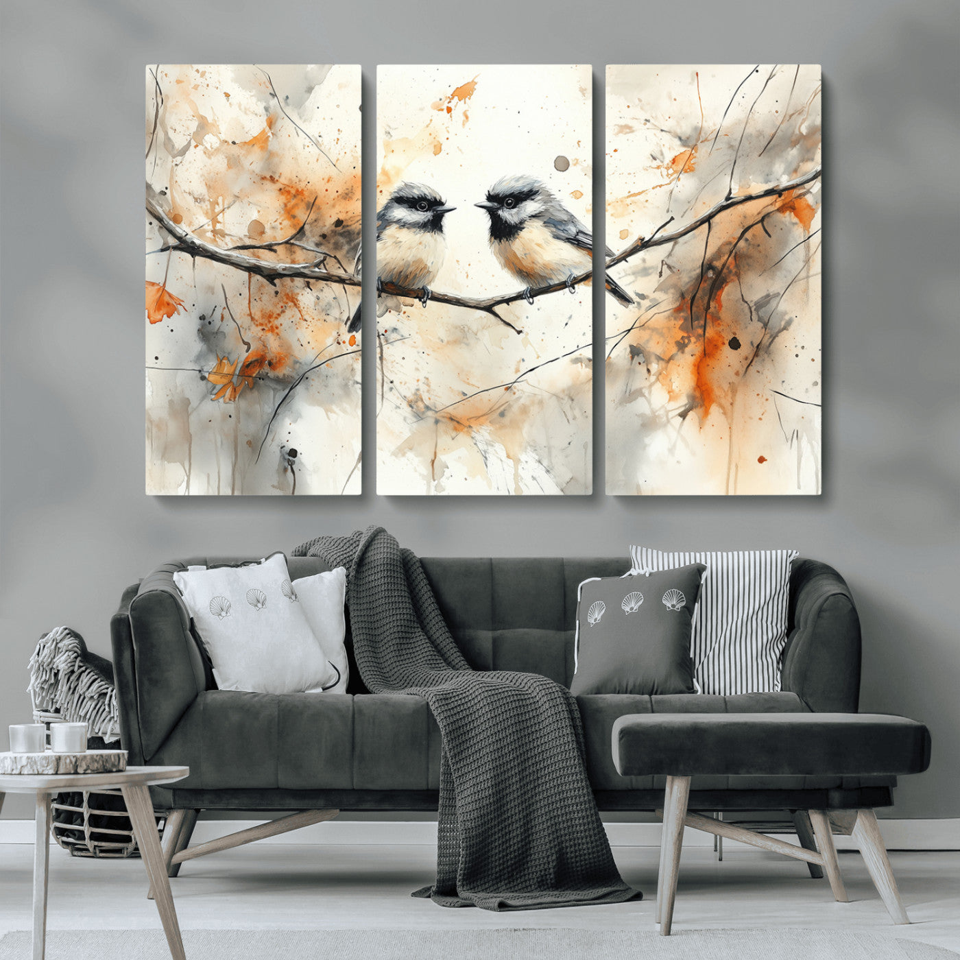 MGV-CV-48X32-3P - Abstract Watercolor Chickadee Bird Canvas Wall Art Print - Large Bird and Branch Wall Art, Modern