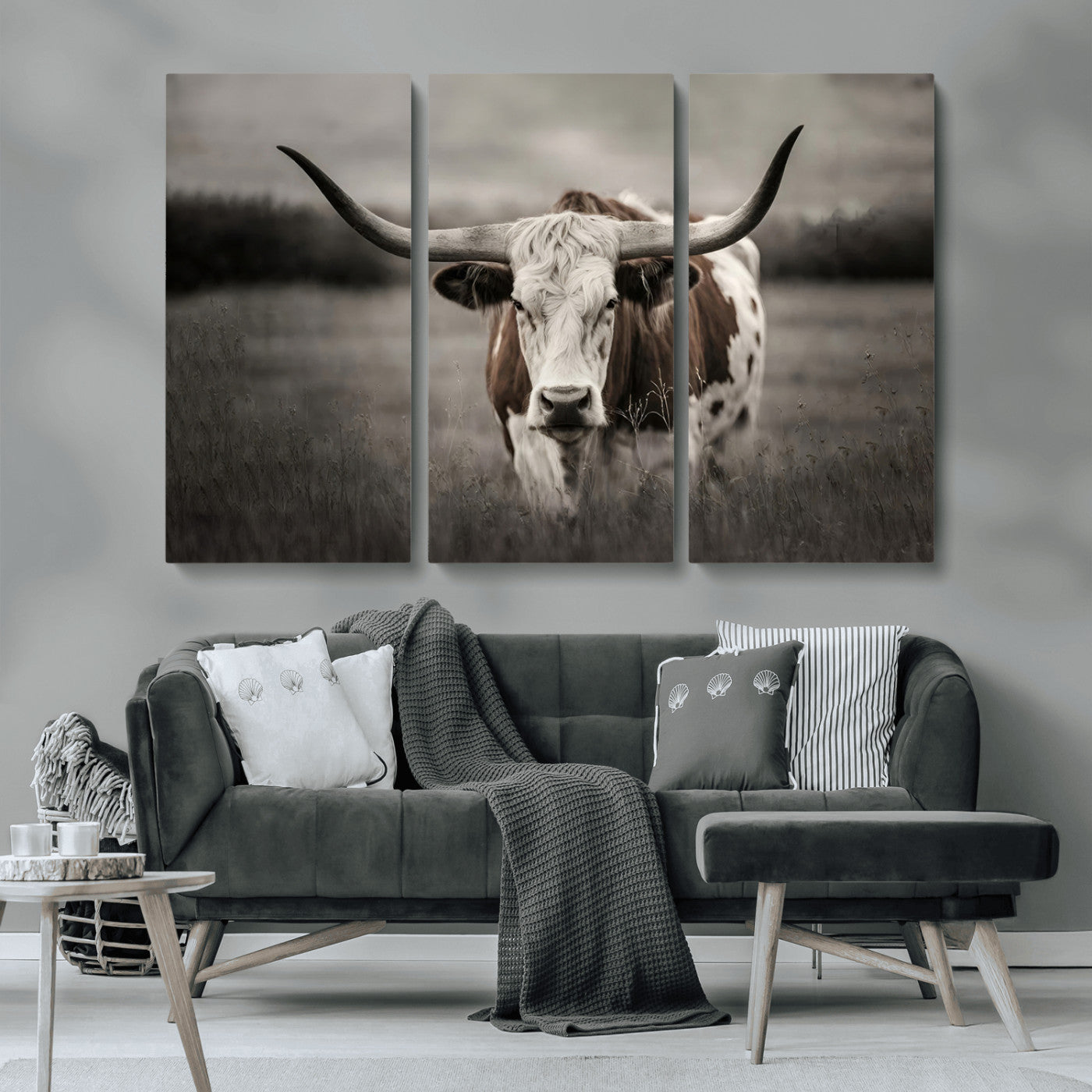 MGV-CV-48X32-3P - Texas Longhorn Cow Canvas Wall Art Print - Large Rustic Longhorn Art for Living Room, Western Wall