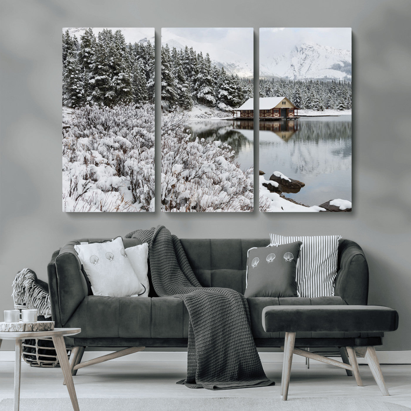 MGV-CV-48X32-3P - Winter Wall Art - Cabin by the Lake Canvas Wall Art - Serene Snowy Landscape with Mountain View,