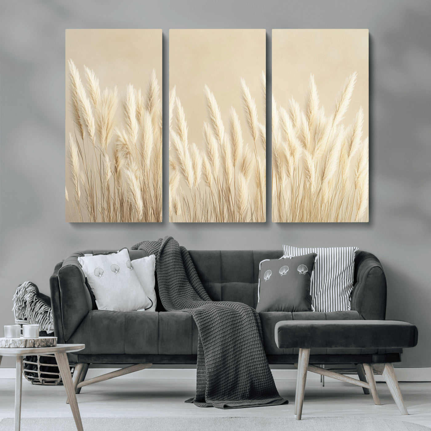 MGV-CV-48X32-3P - Grass Wall Art Print - Elegant Neutral Decor for Living Room, Boho Minimalist Artwork, Ready to Hang