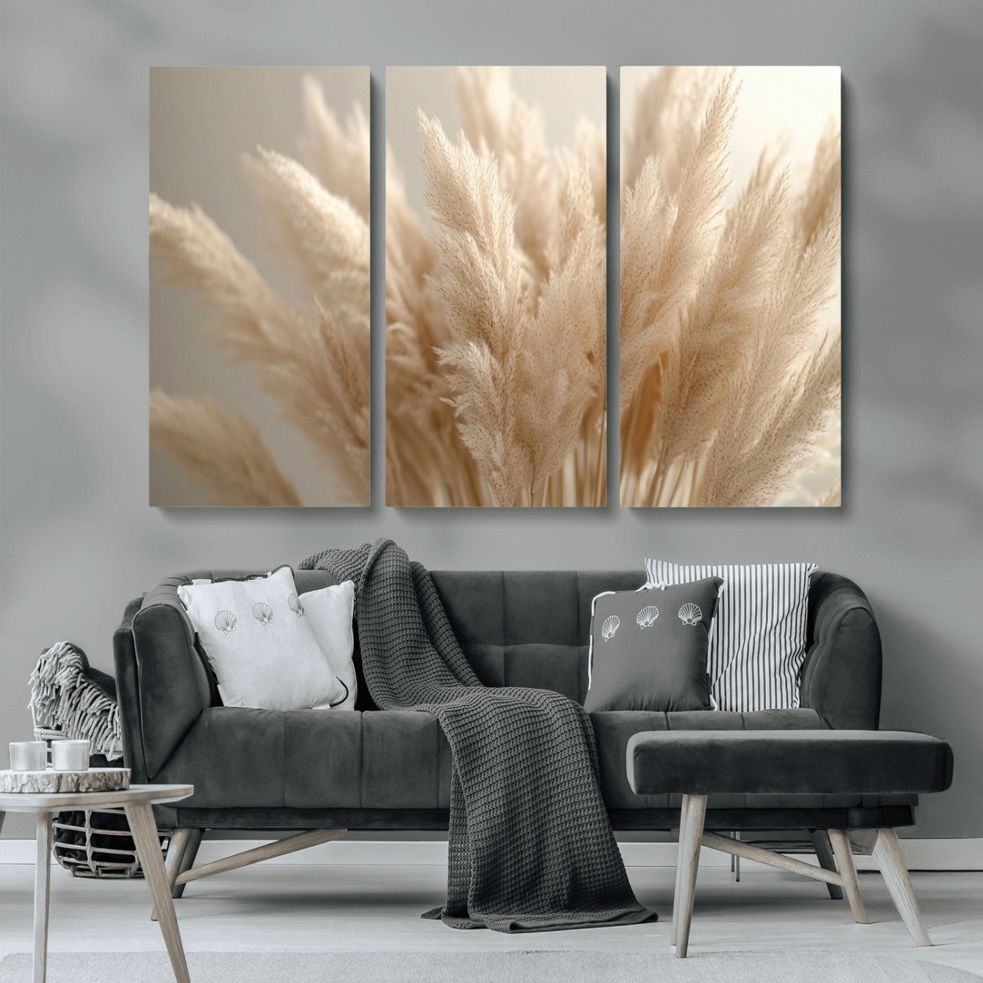 MGV-CV-48X32-3P - Pampas Grass Canvas Wall Art - Elegant Neutral Decor for Living Room, Boho Minimalist Artwork, Ready