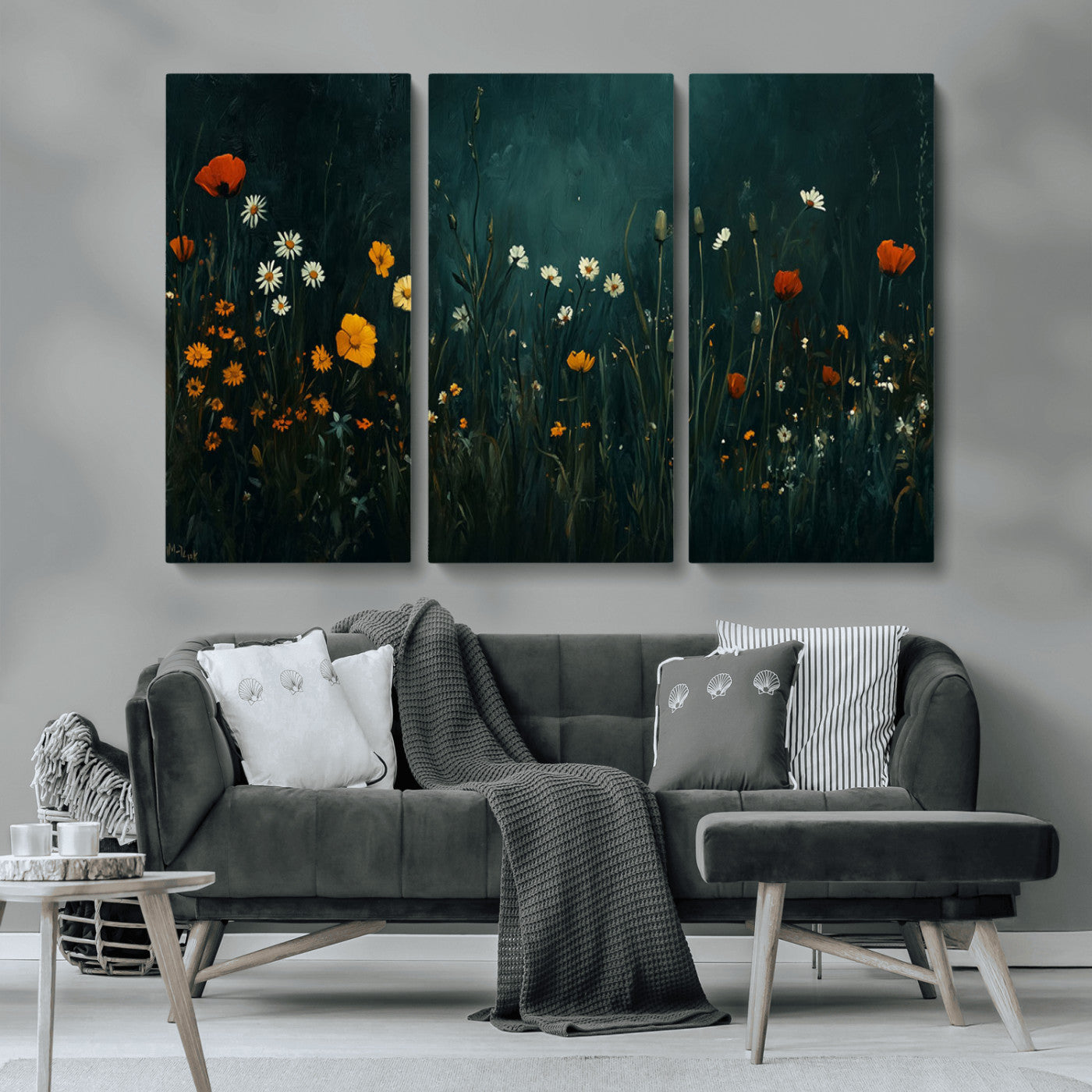 MGV-CV-48X32-3P - Framed Wildflower Field Wall Art, Framed Vintage Botanical Landscape Sign, Floral Decor, Modern
