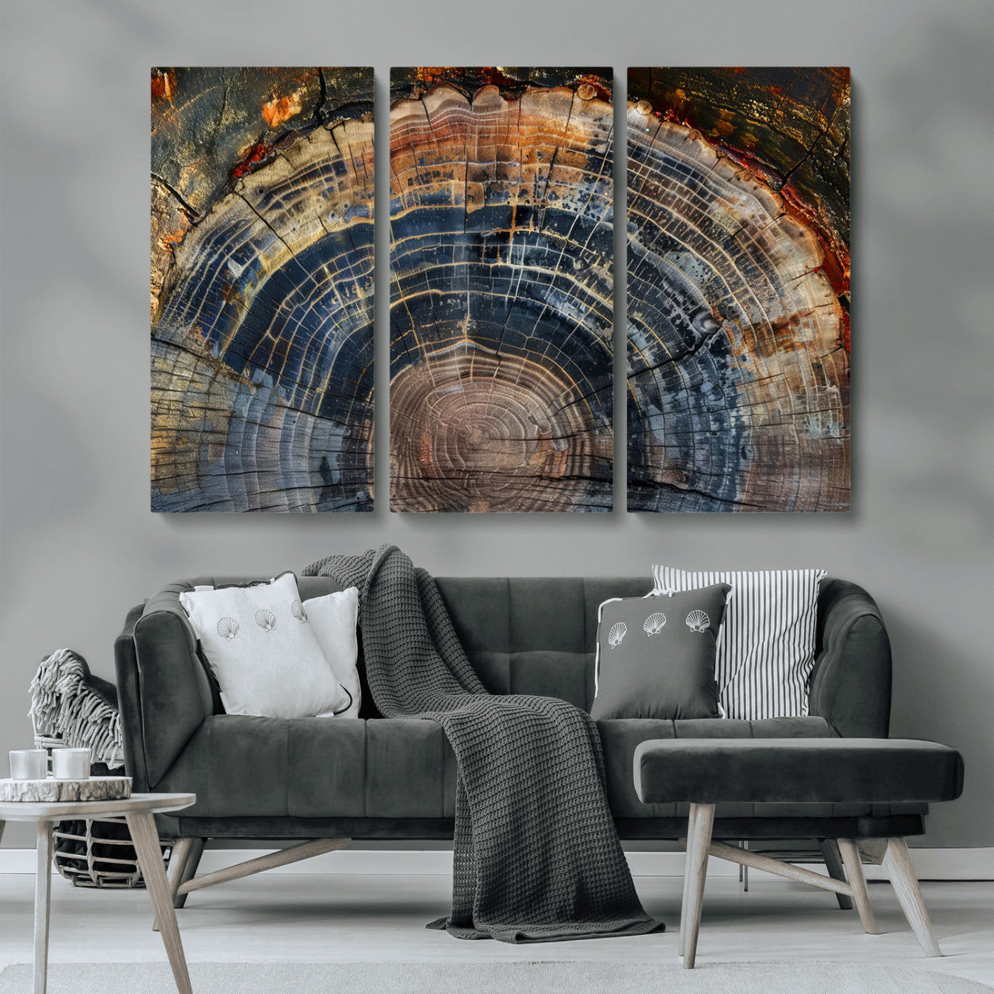 MGV-CV-48X32-3P - Framed Tree Ring Wall Art - Abstract Colorful Tree Ring Wall Decor, Minimalist Home Canvas Art,