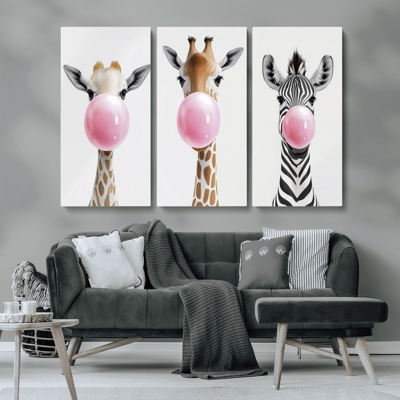 MGV-CV-48X32-3P - Bubblegum Animals Canvas Wall Art - Playful Giraffe and Zebra Trio, Fun Nursery Decor for Kids'
