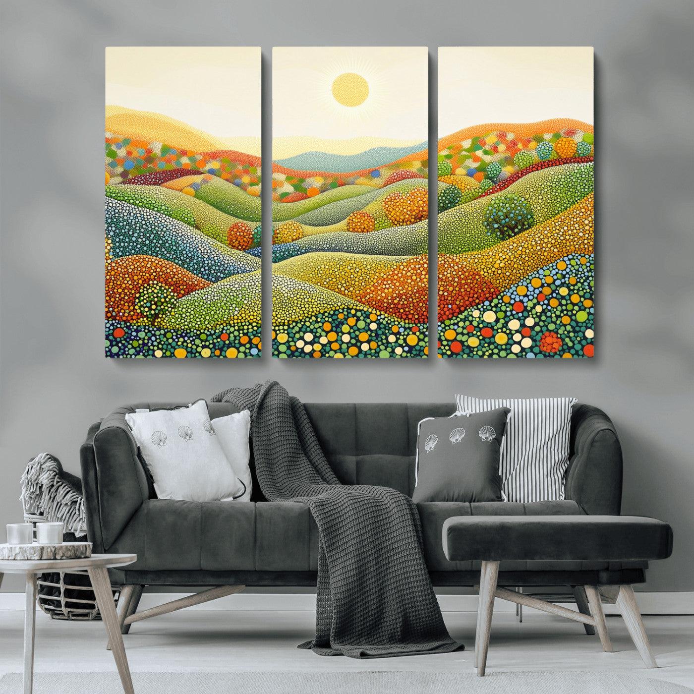 MGV-CV-48X32-3P - YAYOI KUSAMA Wall Art - Colorful Dot Art Landscape Canvas, Framed Japanese Dot Art