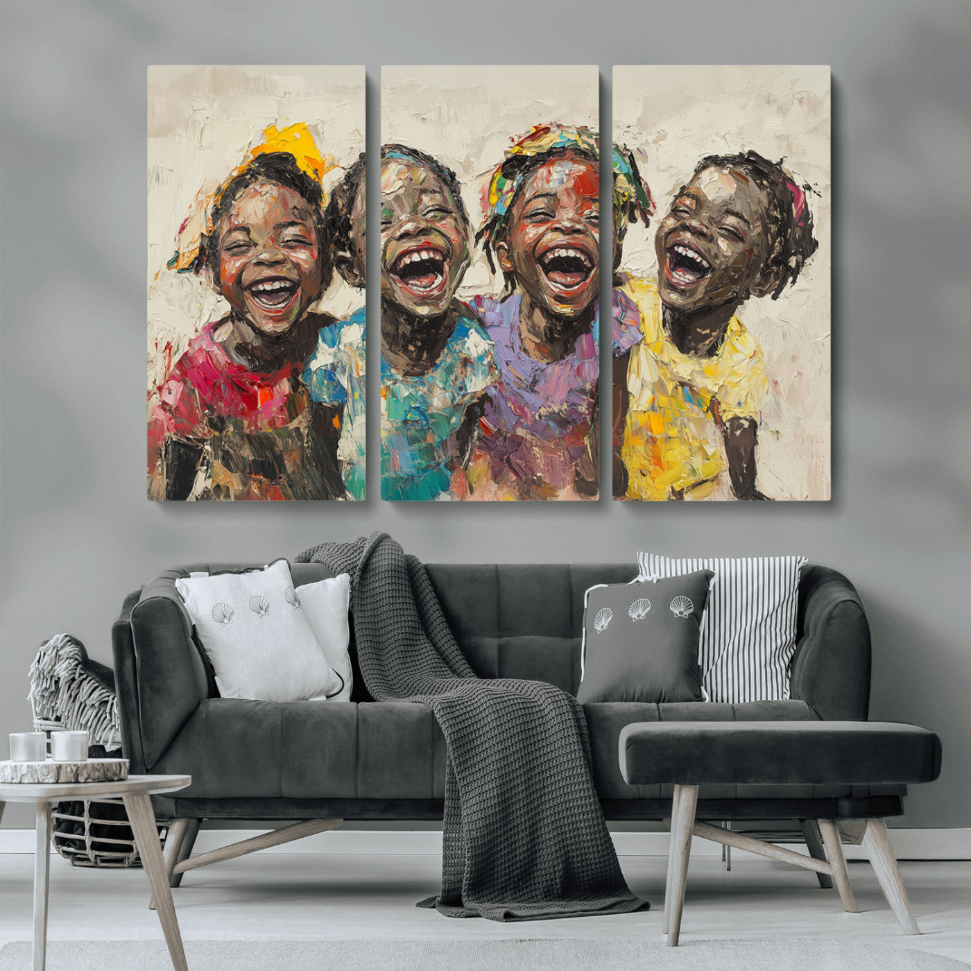 MGV-CV-48X32-3P - Shai Yossef style Joyful Childhood Canvas Wall Art - Expressive Impasto Painting of Black Children