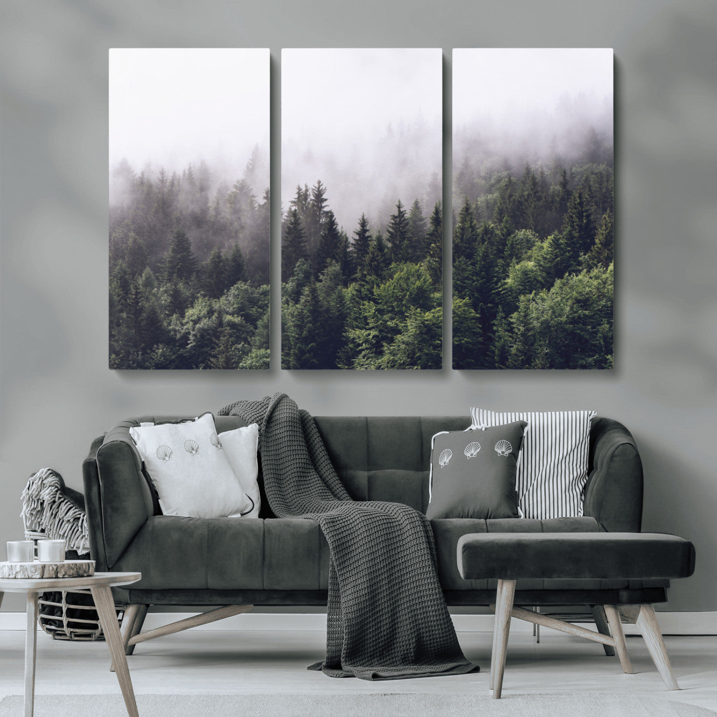 MGV-CV-48X32-3P - Misty Forest Wall Art | Foggy Forest Canvas Print | Large Nature-Inspired Misty Tree Landscape for