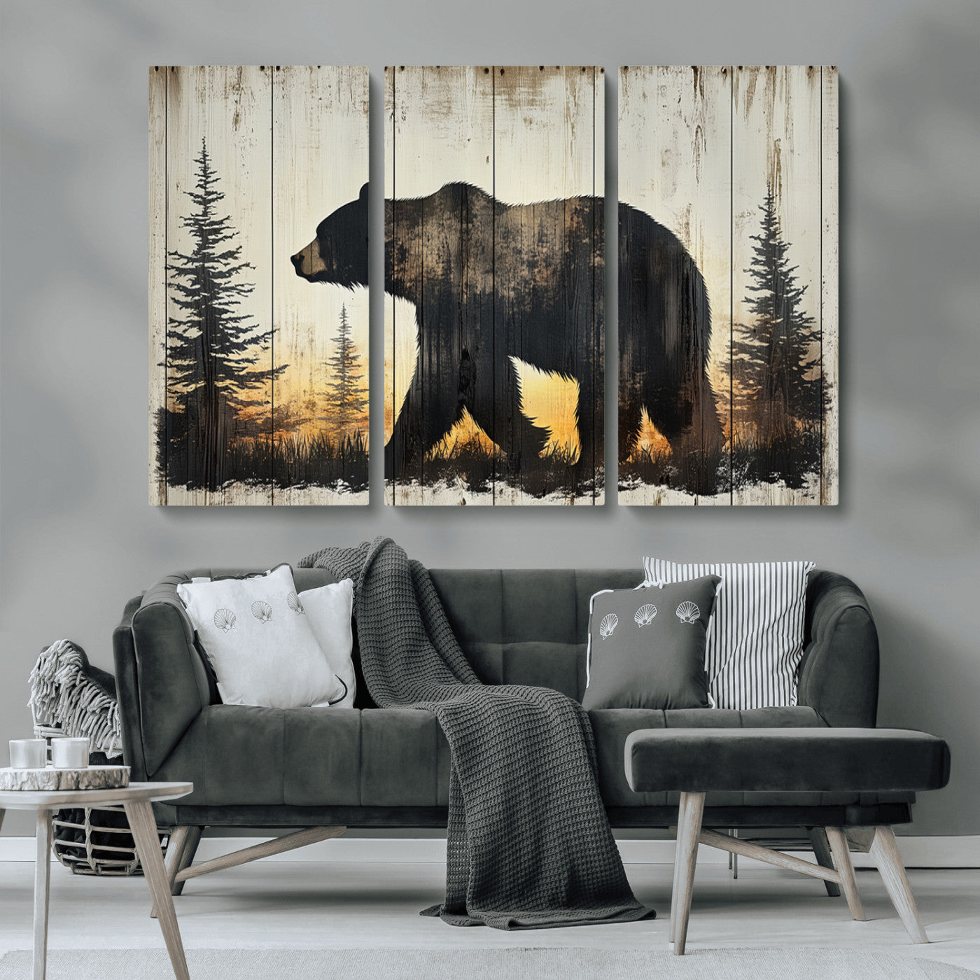 83875-MGV-CV-36X24-Vintage Bear Wall Art Canvas Print for Farmhouse - Mountain Wood Canvas Wall Art - Forest Silhouette