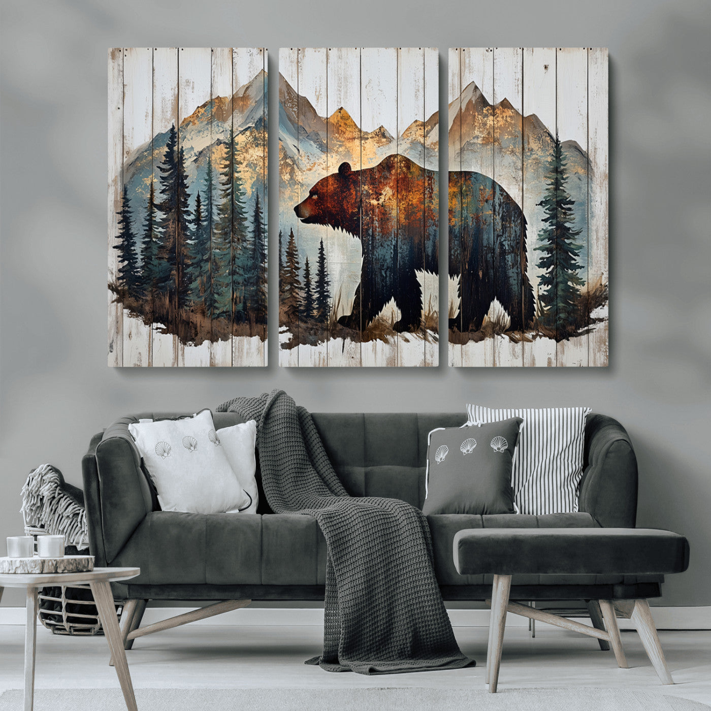 55777-MGV-CV-36X24-Rustic Grizzly 399 Bear and Mountain Wood Canvas Wall Art - Framed Nature Artwork with Forest