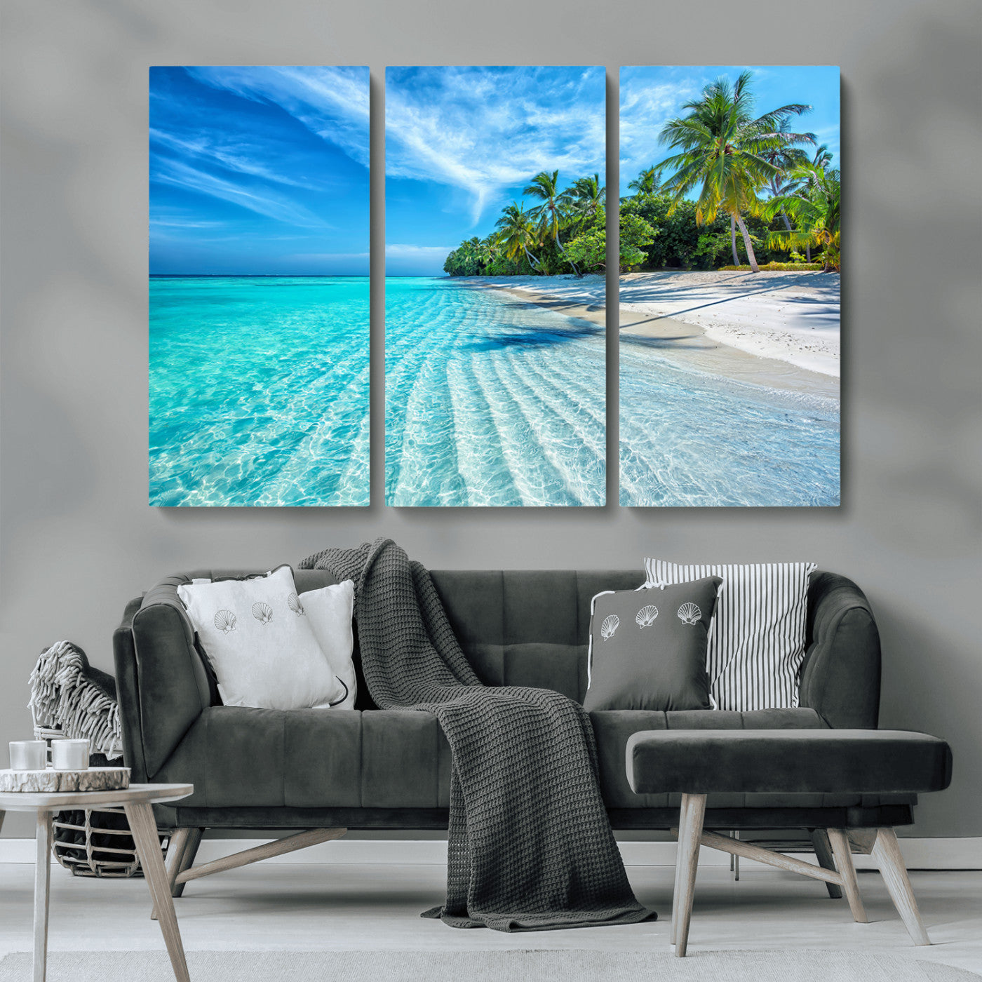 MGV-CV-48X32-3P - Tropical Beach Wall Art Canvas Print - Serene Ocean Landscape with Crystal Clear Turquoise Water and